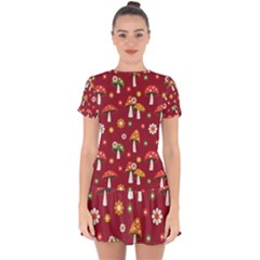 Woodland Mushroom And Daisy Seamless Pattern On Red Backgrounds Drop Hem Mini Chiffon Dress by Amaryn4rt