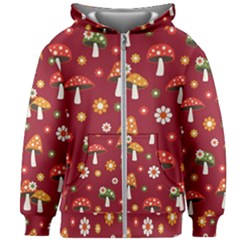 Woodland Mushroom And Daisy Seamless Pattern On Red Backgrounds Kids  Zipper Hoodie Without Drawstring by Amaryn4rt