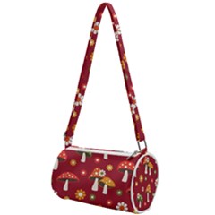 Woodland Mushroom And Daisy Seamless Pattern On Red Backgrounds Mini Cylinder Bag by Amaryn4rt