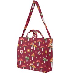 Woodland Mushroom And Daisy Seamless Pattern On Red Backgrounds Square Shoulder Tote Bag by Amaryn4rt