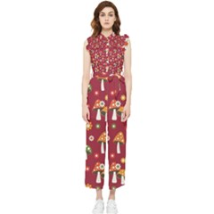 Woodland Mushroom And Daisy Seamless Pattern On Red Backgrounds Women s Frill Top Chiffon Jumpsuit by Amaryn4rt