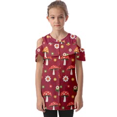 Woodland Mushroom And Daisy Seamless Pattern On Red Backgrounds Fold Over Open Sleeve Top by Amaryn4rt