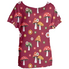 Woodland Mushroom And Daisy Seamless Pattern On Red Backgrounds Women s Oversized Tee by Amaryn4rt