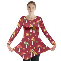 Woodland Mushroom And Daisy Seamless Pattern On Red Backgrounds Long Sleeve Tunic  by Amaryn4rt