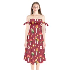 Woodland Mushroom And Daisy Seamless Pattern On Red Backgrounds Shoulder Tie Bardot Midi Dress by Amaryn4rt
