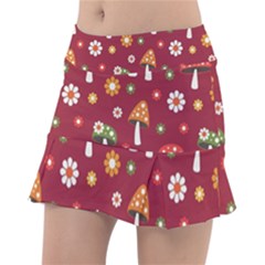 Woodland Mushroom And Daisy Seamless Pattern On Red Backgrounds Classic Tennis Skirt by Amaryn4rt