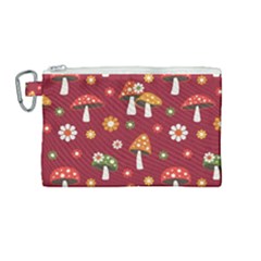 Woodland Mushroom And Daisy Seamless Pattern On Red Backgrounds Canvas Cosmetic Bag (medium) by Amaryn4rt