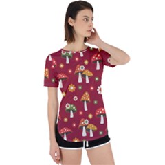 Woodland Mushroom And Daisy Seamless Pattern On Red Backgrounds Perpetual Short Sleeve T-shirt by Amaryn4rt