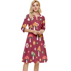 Woodland Mushroom And Daisy Seamless Pattern On Red Backgrounds Classy Knee Length Dress by Amaryn4rt