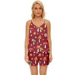 Woodland Mushroom And Daisy Seamless Pattern On Red Backgrounds V-neck Satin Pajamas Set