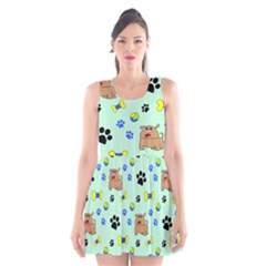 Dog Pattern Seamless Blue Background Scrapbooking Scoop Neck Skater Dress