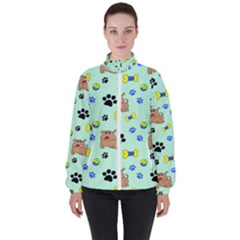 Dog Pattern Seamless Blue Background Scrapbooking Women s High Neck Windbreaker