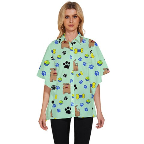 Dog Pattern Seamless Blue Background Scrapbooking Women s Batwing Button Up Shirt by pakminggu