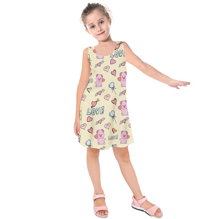 Pig Animal Love Romance Seamless Texture Pattern Kids  Sleeveless Dress