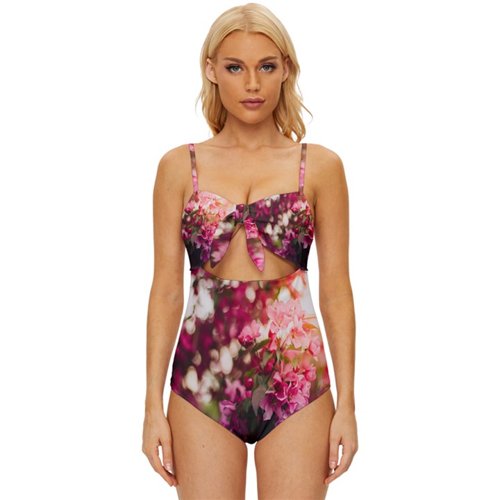 Pink Flower Knot Front One-Piece Swimsuit