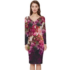 Pink Flower Long Sleeve V-neck Bodycon Dress  by artworkshop