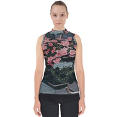 Pink Peony  Flower Mock Neck Shell Top by artworkshop