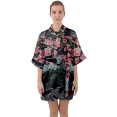 Pink Peony  Flower Half Sleeve Satin Kimono 