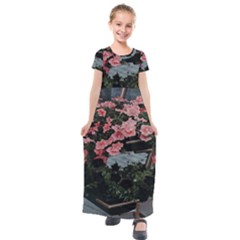 Pink Peony  Flower Kids  Short Sleeve Maxi Dress by artworkshop