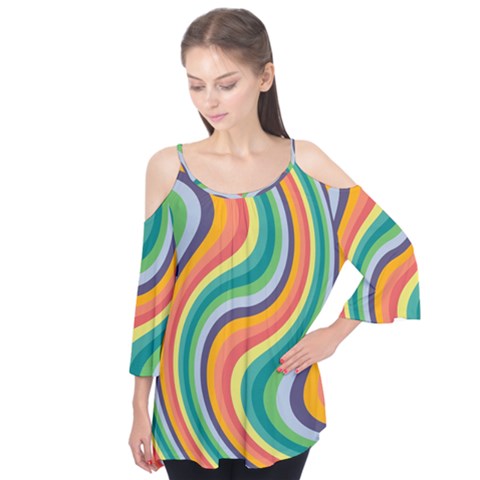 Swirl Twirl Rainbow Retro Flutter Sleeve Tee  by Ravend