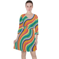 Swirl Twirl Rainbow Retro Quarter Sleeve Ruffle Waist Dress