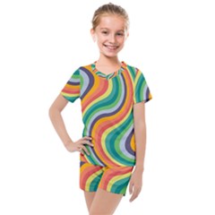 Swirl Twirl Rainbow Retro Kids  Mesh Tee And Shorts Set