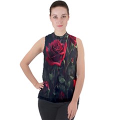 Rose Flower Plant Red Mock Neck Chiffon Sleeveless Top