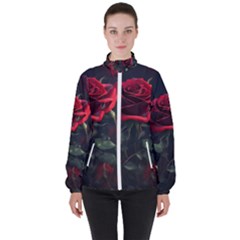 Rose Flower Plant Red Women s High Neck Windbreaker