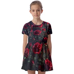 Rose Flower Plant Red Kids  Short Sleeve Pinafore Style Dress by Ravend