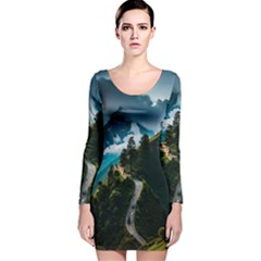 Nature Mountain Valley Long Sleeve Velvet Bodycon Dress
