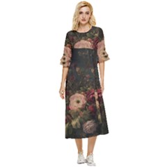 Flower Nature Background Bloom Double Cuff Midi Dress