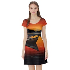 Boat Sunset Lake Water Nature Short Sleeve Skater Dress