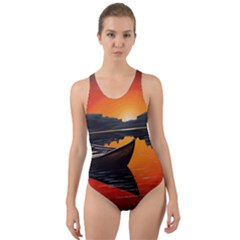 Boat Sunset Lake Water Nature Cut-out Back One Piece Swimsuit