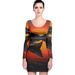 Boat Sunset Lake Water Nature Long Sleeve Velvet Bodycon Dress