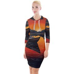 Boat Sunset Lake Water Nature Quarter Sleeve Hood Bodycon Dress