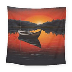 Boat Sunset Lake Water Nature Square Tapestry (large) by Ravend