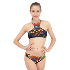 Flower Plant Geometry High Neck Bikini Set