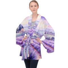 Lavender Flower Tree Long Sleeve Velvet Kimono 