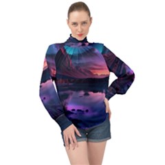 Lake Mountain Night Sea Flower Nature High Neck Long Sleeve Chiffon Top