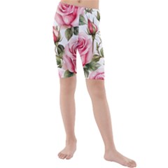 Flower Rose Pink Kids  Mid Length Swim Shorts