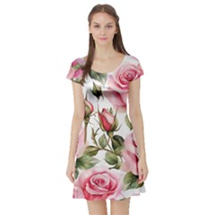 Flower Rose Pink Short Sleeve Skater Dress by Ravend