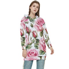 Flower Rose Pink Women s Long Oversized Pullover Hoodie by Ravend