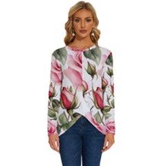 Flower Rose Pink Long Sleeve Crew Neck Pullover Top by Ravend