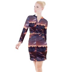 Landscape Mountains Nature Button Long Sleeve Dress