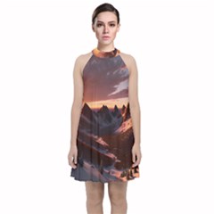 Landscape Mountains Nature Velvet Halter Neckline Dress 