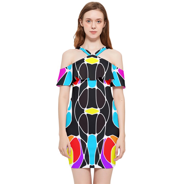 Mazipoodles Neuro Art - Rainbow 1A Shoulder Frill Bodycon Summer Dress
