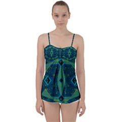 Mazipoodles Origami Chintz A - Navy Lime Blue Black Babydoll Tankini Top by Mazipoodles