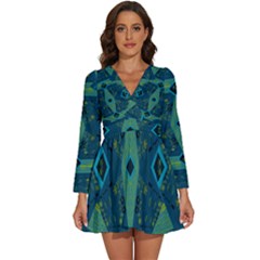 Mazipoodles Origami Chintz A - Navy Lime Blue Black Long Sleeve V-neck Chiffon Dress  by Mazipoodles