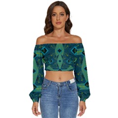 Mazipoodles Origami Chintz A - Navy Lime Blue Black Long Sleeve Crinkled Weave Crop Top by Mazipoodles