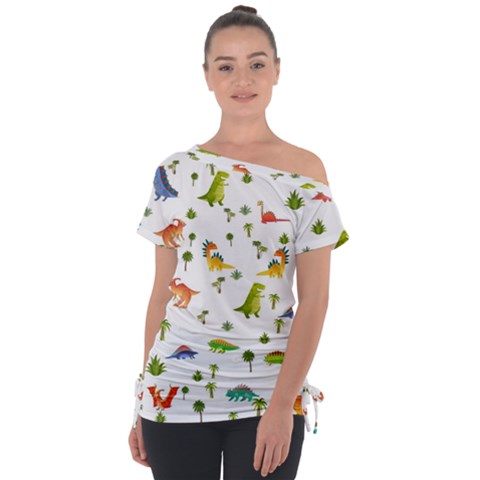 Vector Baby Dino Seamless Pattern Off Shoulder Tie-up Tee by Grandong